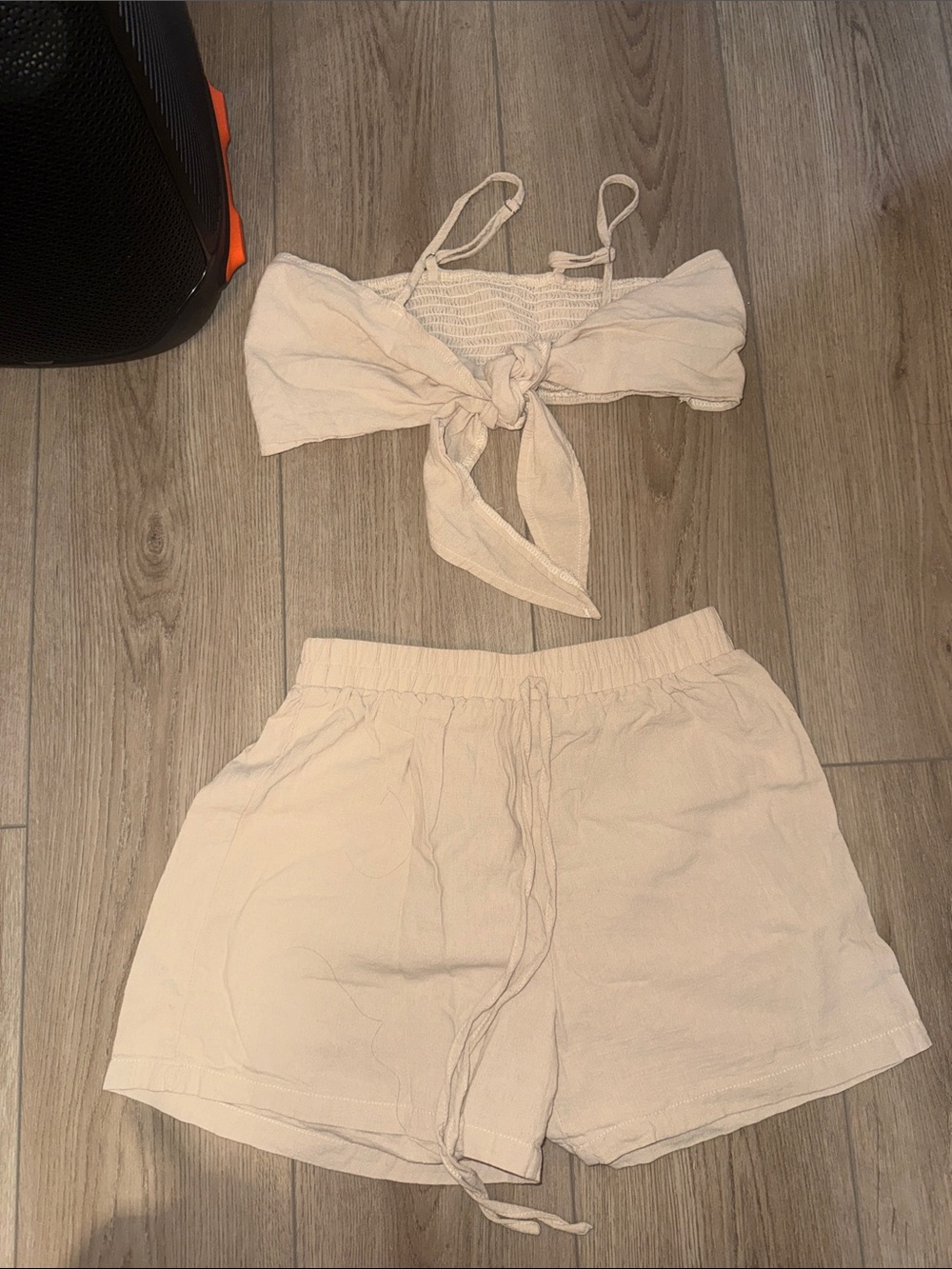 Cream Two-Piece Tie-Front Crop Top & Elastic Waist Shorts Set